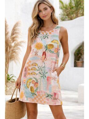 Linen Blend Pink Fruit Print shift Dress size Medium New Summer Beachy Resort